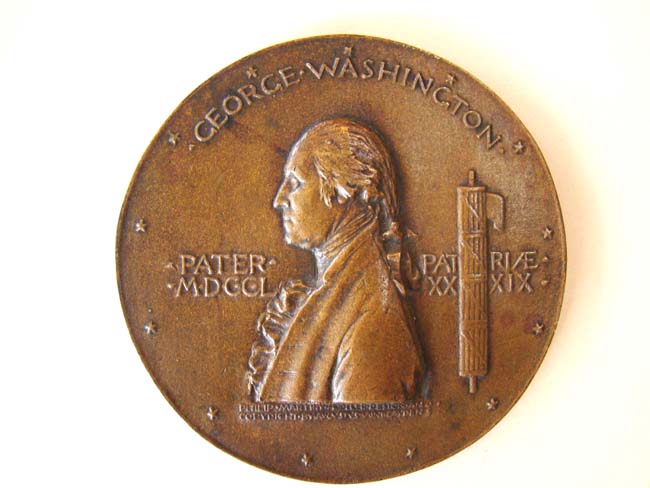 A George Washington bronze medallion made in 1889 to commemorate the Centennial of his inauguration in 1789